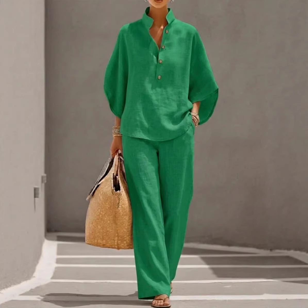 Women’s Short-sleeved Suit Summer Loose Pullover Top And Straight-leg Trousers Outfit Clothing - Womens Tracksuits