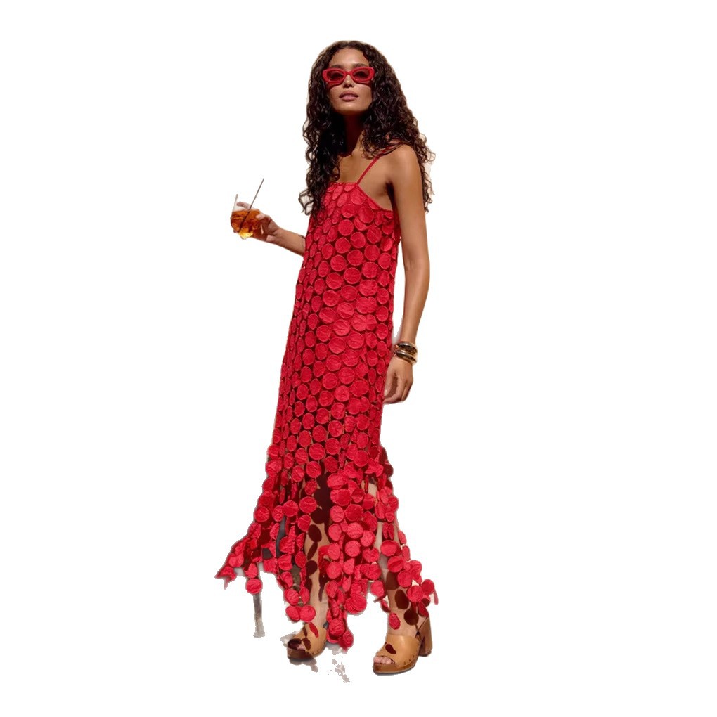 Fashion Hollow-Out Polka Dot Midi Slip Dress - Lightweight Sleeveless Linen-Blend Summer Dress For Women - Womens