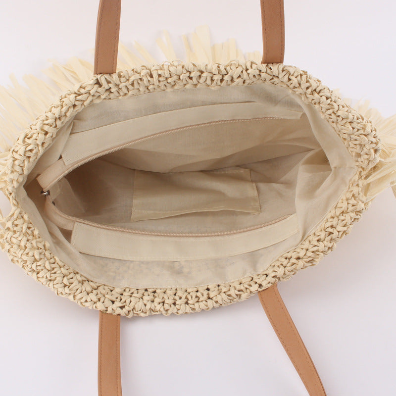 Semi-circular Tassel Straw Shoulder Bag With Tassels And Paper Trim - Bags Backpacks & Luggage