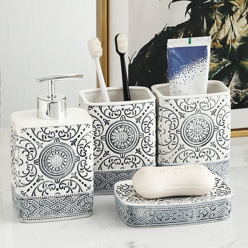 Bohemian Style Ceramic Sanitary Ware Sets - Square Lotion Bottle Gargle Cup Toothbrush Holder - Bathroom Sets