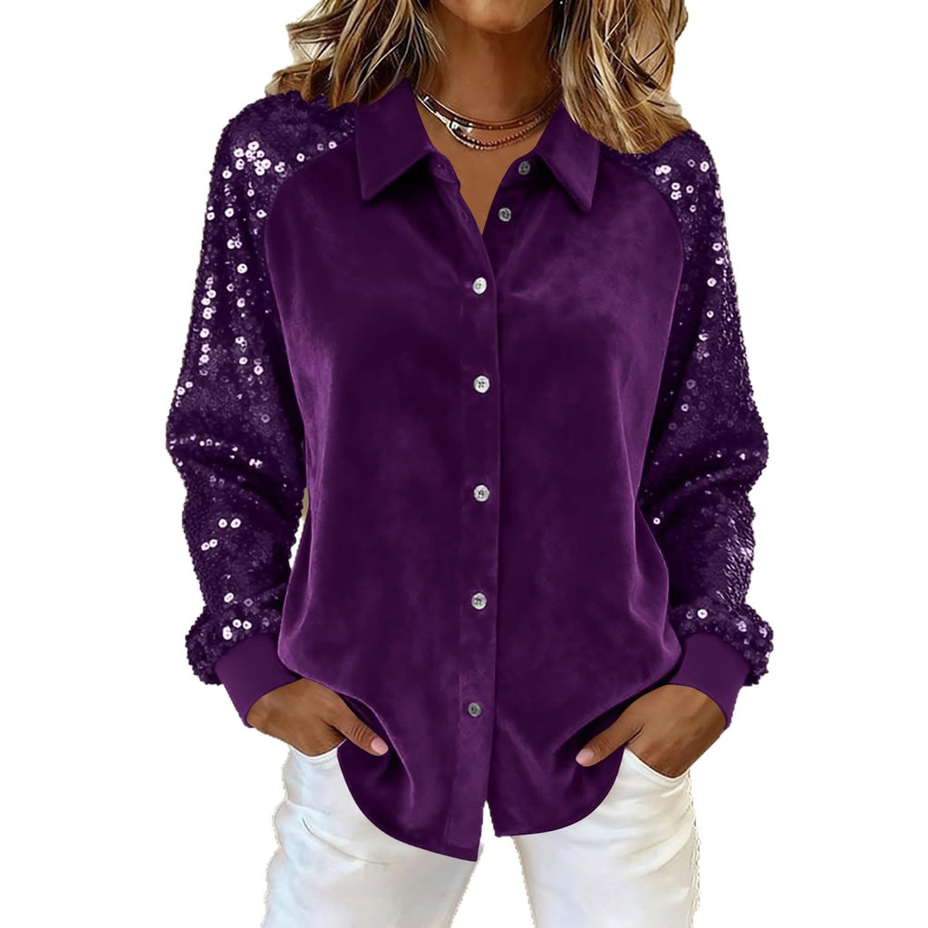 Women's Sequinned Long-sleeved Solid Casual Blouse
