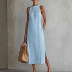 Women’s Halter Neck Sleeveless Dress Lace Patchwork Holiday Style Summer Top - Womens Dresses