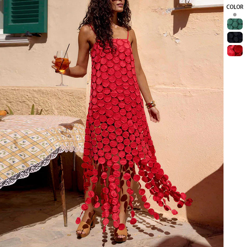 Fashion Hollow-Out Polka Dot Midi Slip Dress - Lightweight Sleeveless Linen-Blend Summer Dress For Women - Womens