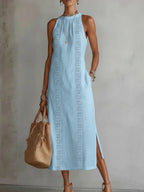 Women’s Halter Neck Sleeveless Dress Lace Patchwork Holiday Style Summer Top - Blue / 2XL - Womens Dresses