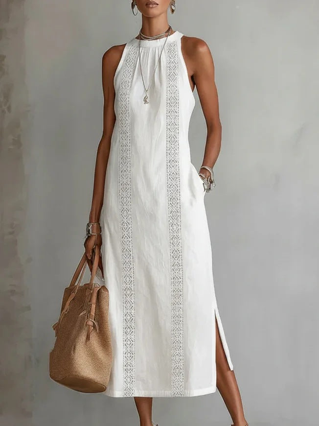 Women’s Halter Neck Sleeveless Dress Lace Patchwork Holiday Style Summer Top - White / 2XL - Womens Dresses