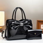 Fashionable Crocodile-Print Bow Bucket Bag Patent Leather Glossy Crossbody Bag - Bags Backpacks & Luggage