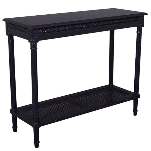 Black Polo Classic Console with Rattan Shelf