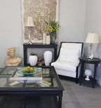 Black Polo Classic Console with Rattan Shelf