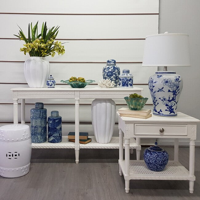 White Polo Classic Console with Rattan Shelf