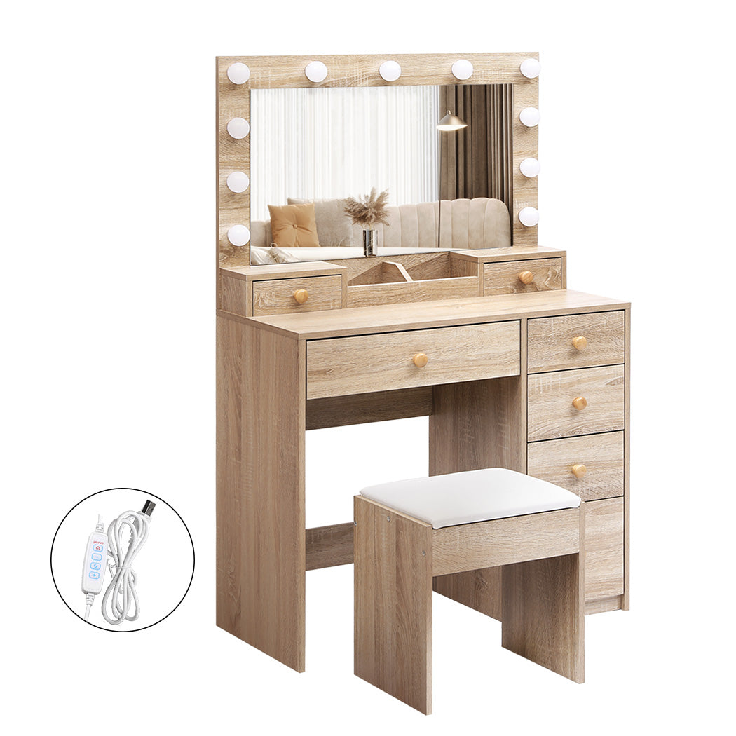 Levede Dressing Table Stool Set Oak-2029387202403897344