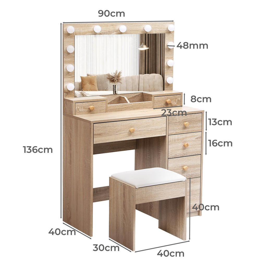 Levede Dressing Table Stool Set Oak-2029387202403897346