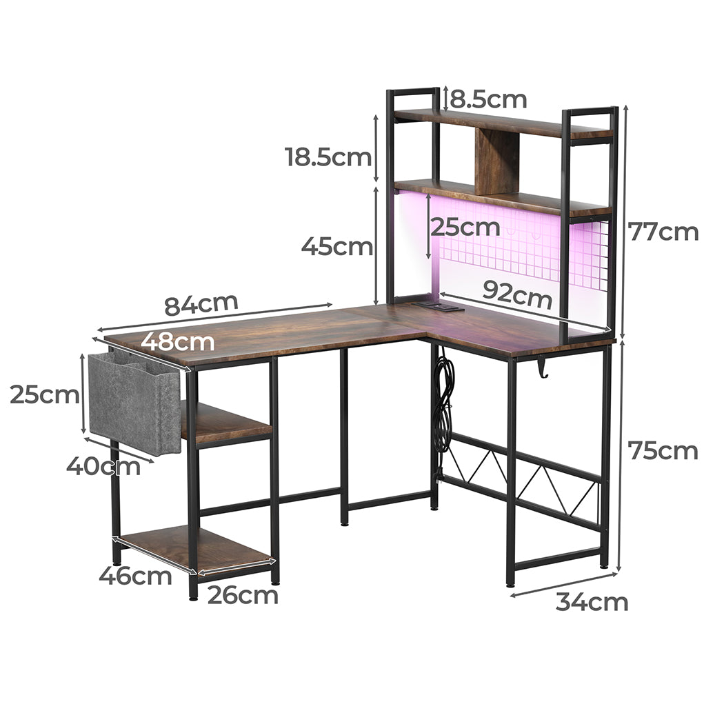 Levede L Shaped Gaming Desk with LED Lights Brown-2006732839361581058