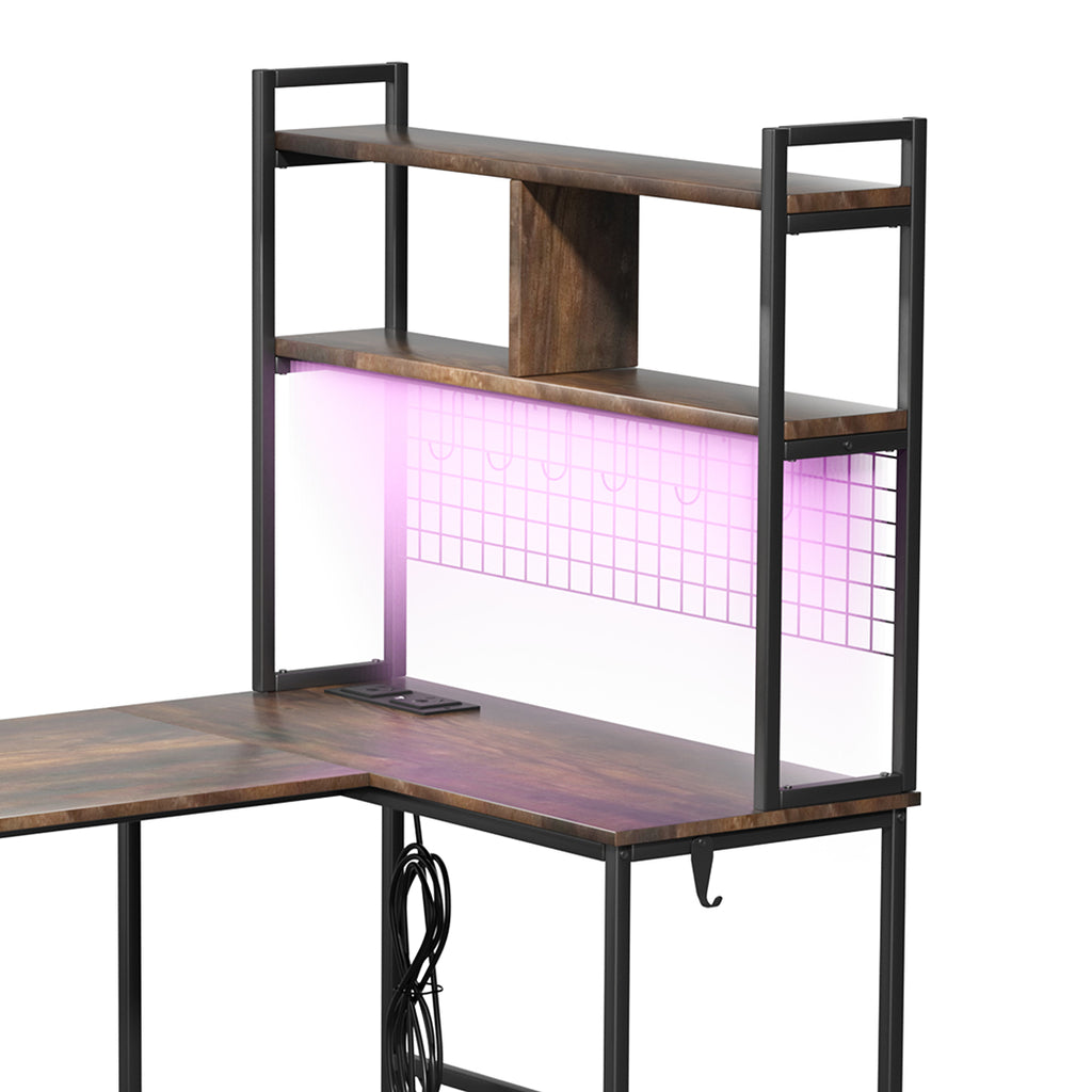 Levede L Shaped Gaming Desk with LED Lights Brown-2006732839361581059